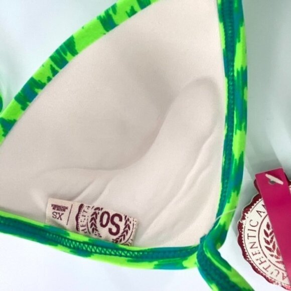 SO Bikini Swimsuit Halter Top Junior Sz XS Neon Animal Print Green Ruched Center - Picture 10 of 13